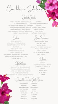 caribbean wedding menu with pink hibiscus flowers